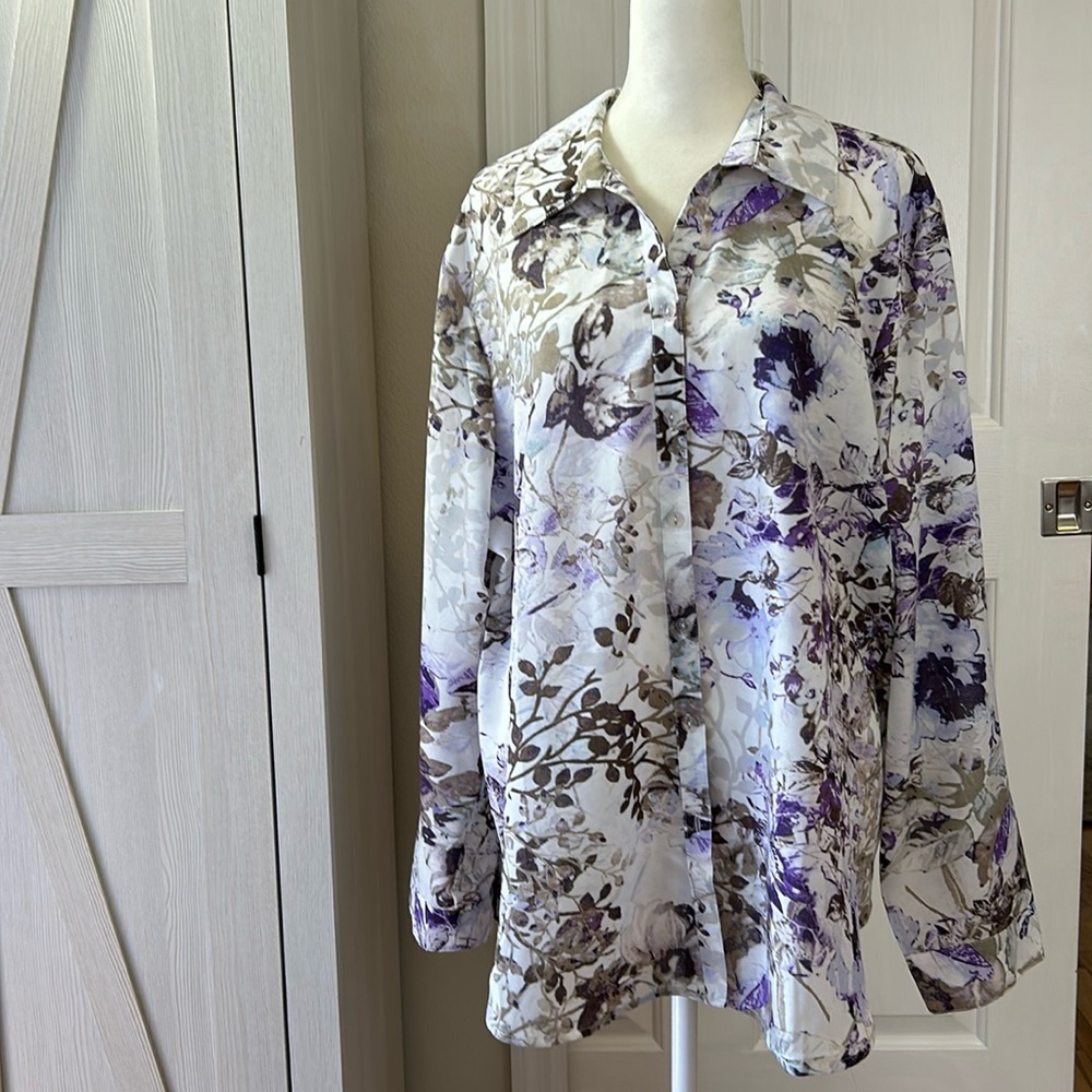 Chico's White Blouse with Purple & Brown Floral Print